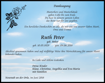 Traueranzeige von Ruth Peter