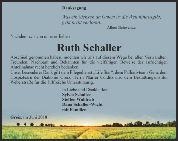 Traueranzeige von Ruth Schaller von Ostthüringer Zeitung