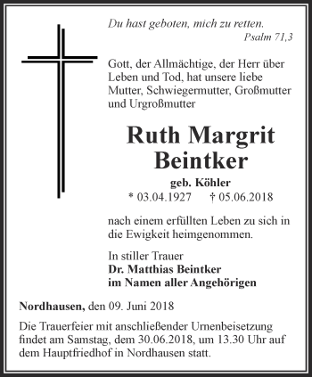 Traueranzeige von Ruth Margrit Beintker von Thüringer Allgemeine