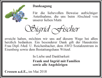 Traueranzeige von Sigrid Fischer von Ostthüringer Zeitung