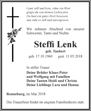 Traueranzeige von Steffi Lenk von Ostthüringer Zeitung