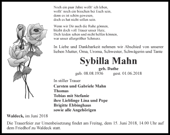 Traueranzeige von Sybilla Mahn von Ostthüringer Zeitung