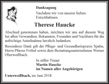 Traueranzeige von Therese Haucke von Ostthüringer Zeitung