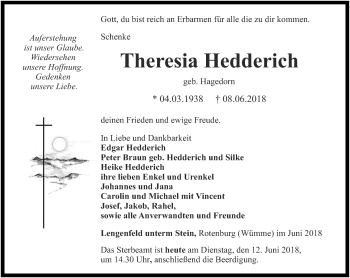 Traueranzeige von Theresia Hedderich von Thüringer Allgemeine, Thüringische Landeszeitung