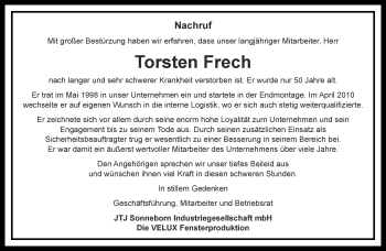 Traueranzeige von Torsten Frech von Ostthüringer Zeitung, Thüringische Landeszeitung