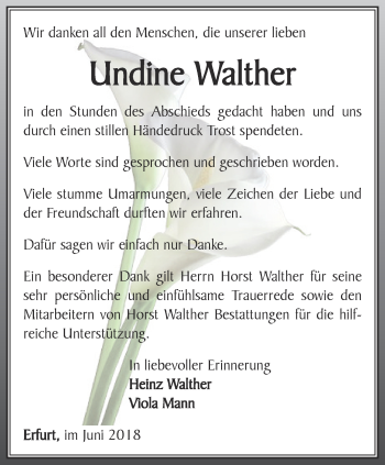 Traueranzeige von Undine Walther von Thüringer Allgemeine, Thüringische Landeszeitung