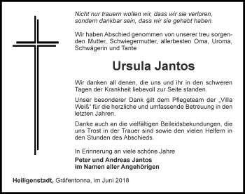 Traueranzeige von Ursula Jantos von Thüringer Allgemeine, Thüringische Landeszeitung