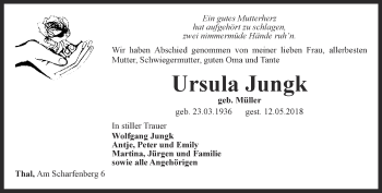 Traueranzeige von Ursula Jungk von Thüringer Allgemeine, Thüringische Landeszeitung