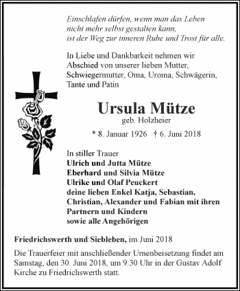 Traueranzeige von Ursula Mütze von Ostthüringer Zeitung, Thüringische Landeszeitung