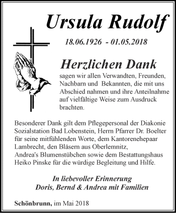 Traueranzeige von Ursula Rudolf von Ostthüringer Zeitung