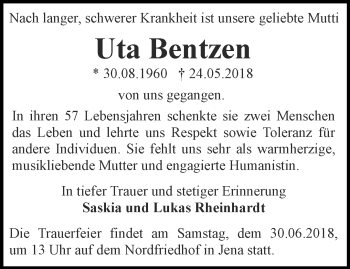 Traueranzeige von Uta Bentzen von Ostthüringer Zeitung