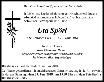 Traueranzeige von Uta Spörl von Ostthüringer Zeitung