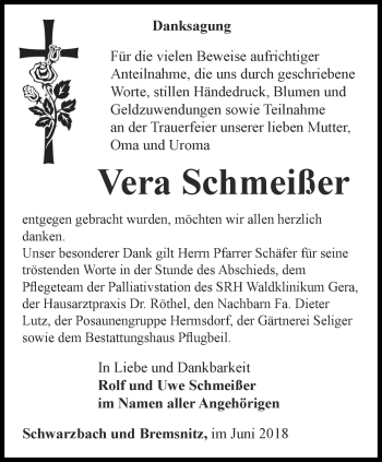 Traueranzeige von Vera Schmeißer von Ostthüringer Zeitung