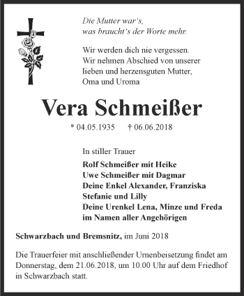 Traueranzeige von Vera Schmeißer von Ostthüringer Zeitung