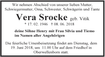 Traueranzeige von Vera Srocke von Ostthüringer Zeitung