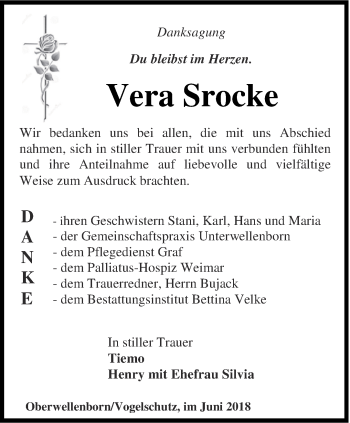 Traueranzeige von Vera Srocke von Ostthüringer Zeitung