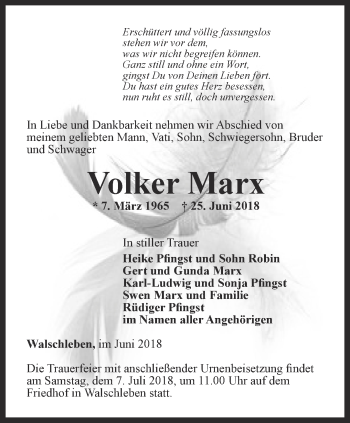 Traueranzeige von Volker Marx von Thüringer Allgemeine, Thüringische Landeszeitung