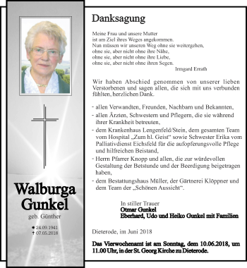 Traueranzeige von Walburga Gunkel von Thüringer Allgemeine