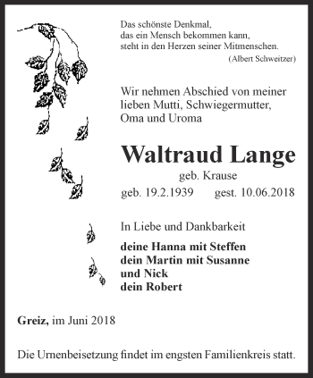 Traueranzeige von Waltraud Lange