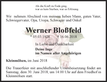 Traueranzeige von Werner Bloßfeld von Thüringer Allgemeine, Thüringische Landeszeitung