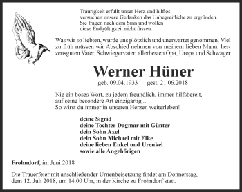 Traueranzeige von Werner Hüner von Thüringer Allgemeine