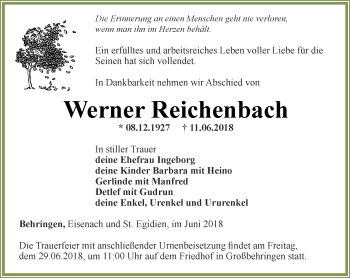 Traueranzeige von Werner Reichenbach von Thüringer Allgemeine, Thüringische Landeszeitung