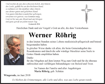 Traueranzeige von Werner Röhrig von Thüringer Allgemeine