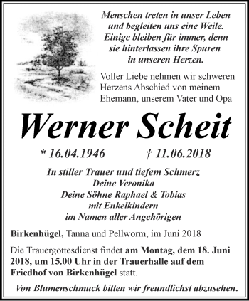 Traueranzeige von Werner Scheit von Ostthüringer Zeitung