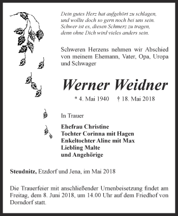 Traueranzeige von Werner Weidner von Ostthüringer Zeitung, Thüringische Landeszeitung
