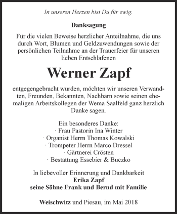 Traueranzeige von Werner Zapf von Ostthüringer Zeitung