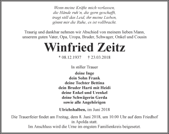 Traueranzeige von Winfried Zeitz von Thüringer Allgemeine, Thüringische Landeszeitung