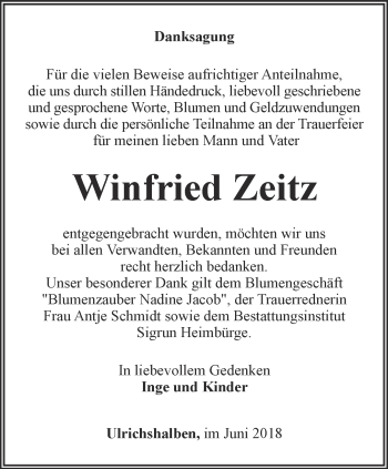 Traueranzeige von Winfried Zeitz von Thüringer Allgemeine, Thüringische Landeszeitung