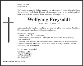 Traueranzeige von Wolfgang Freysoldt von Thüringer Allgemeine