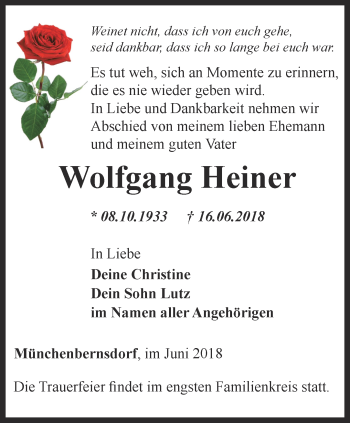 Traueranzeige von Wolfgang Heiner von Ostthüringer Zeitung