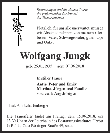 Traueranzeige von Wolfgang Jungk von Thüringer Allgemeine, Thüringische Landeszeitung