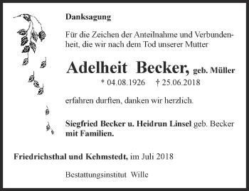 Traueranzeige von Adelheit Becker von Thüringer Allgemeine