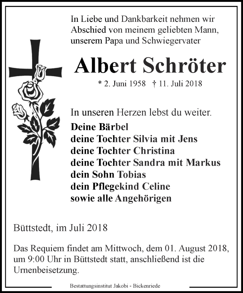  Traueranzeige für Albert Schröter vom 30.07.2018 aus Thüringer Allgemeine