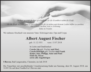 Traueranzeige von Albert August Fischer von Thüringer Allgemeine, Thüringische Landeszeitung