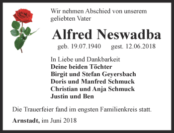 Traueranzeige von Alfred Neswadba von Thüringer Allgemeine