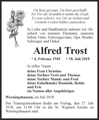 Traueranzeige von Alfred Trost von Thüringer Allgemeine