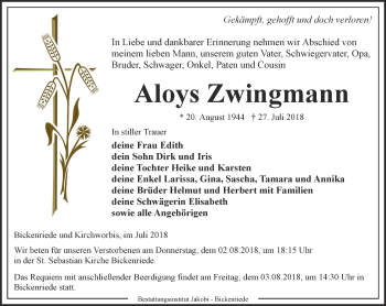 Traueranzeige von Aloys Zwingmann von Thüringer Allgemeine, Thüringische Landeszeitung