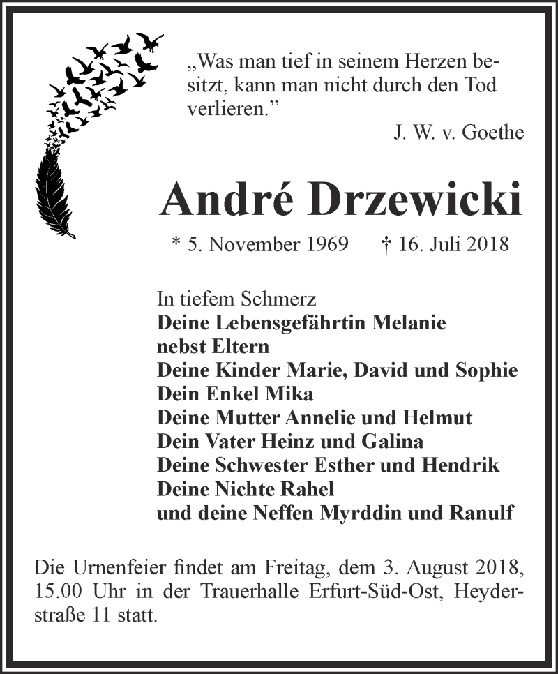  Traueranzeige für Andre Drzewicki vom 21.07.2018 aus Thüringer Allgemeine, Thüringische Landeszeitung
