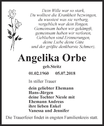 Traueranzeige von Angelika Orbe von Thüringer Allgemeine, Thüringische Landeszeitung