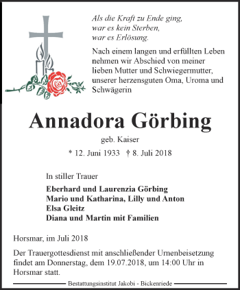 Traueranzeige von Annadora Görbing von Thüringer Allgemeine, Thüringische Landeszeitung