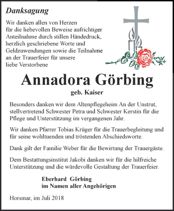 Traueranzeige von Annadora Görbing von Thüringer Allgemeine, Thüringische Landeszeitung