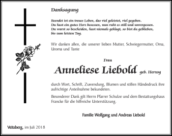 Traueranzeige von Anneliese Liebold von Ostthüringer Zeitung