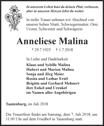 Traueranzeige von Anneliese Malina von Ostthüringer Zeitung, Thüringische Landeszeitung