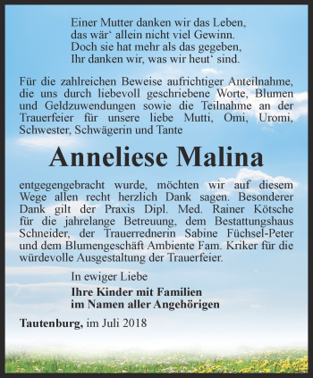 Traueranzeige von Anneliese Malina von Ostthüringer Zeitung, Thüringische Landeszeitung