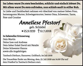 Traueranzeige von Anneliese Pfestorf von Ostthüringer Zeitung, Thüringische Landeszeitung