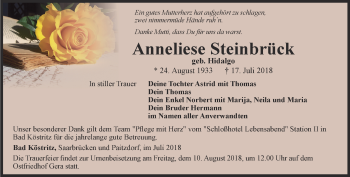 Traueranzeige von Anneliese Steinbrück von Ostthüringer Zeitung